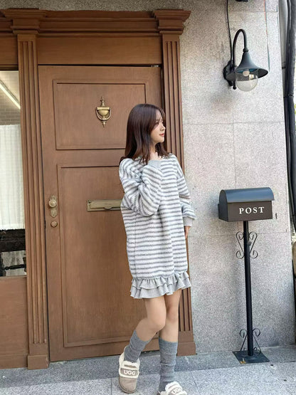 Pearl Stripe Knit Dress – Korean Style