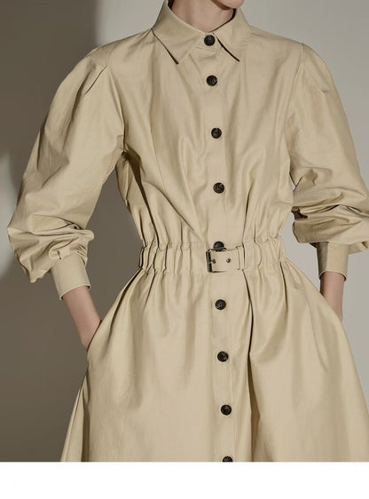 Elegante Beige Button-Down Midi Jurk met Tailleceintuur