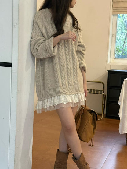 Korean Cable Knit Sweater Dress with Lace Hem