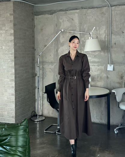Elegant Belted Shirt Dress – Cocoa Brown | Midi Jurk