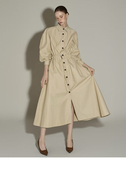 Elegante Beige Button-Down Midi Jurk met Tailleceintuur