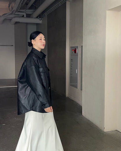 Minimal Leather Overshirt Jacket – Black