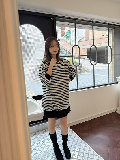 Pearl Stripe Knit Dress – Korean Style
