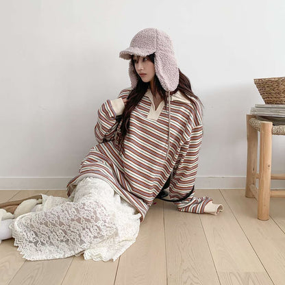Vintage Stripe Polo Top – Korean Casual Fit
