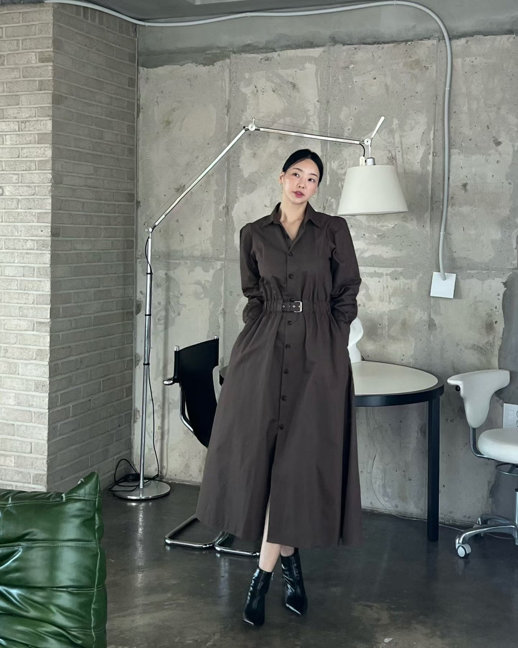Elegant Belted Shirt Dress – Cocoa Brown | Midi Jurk