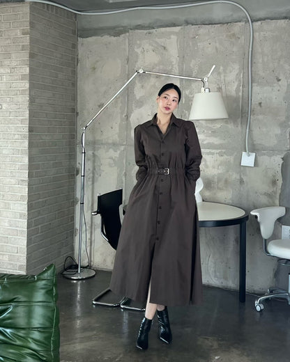 Elegant Belted Shirt Dress – Cocoa Brown | Midi Jurk