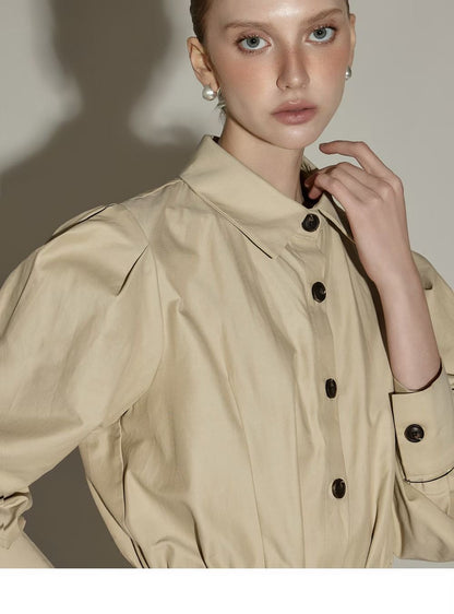 Elegante Beige Button-Down Midi Jurk met Tailleceintuur