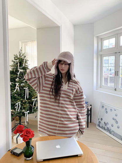 Vintage Stripe Polo Top – Korean Casual Fit