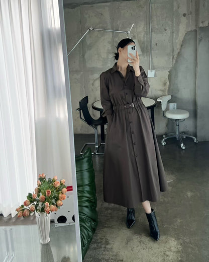 Elegant Belted Shirt Dress – Cocoa Brown | Midi Jurk