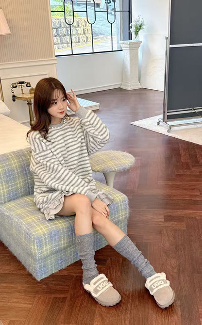 Pearl Stripe Knit Dress – Korean Style