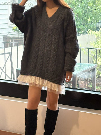 Korean Cable Knit Sweater Dress with Lace Hem