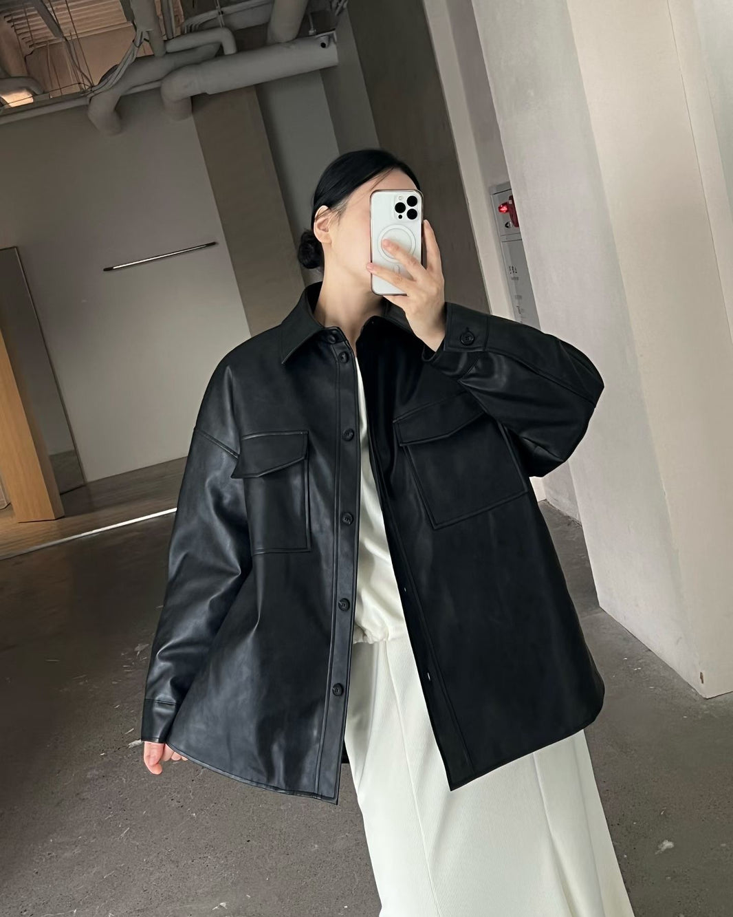 Minimal Leather Overshirt Jacket – Black