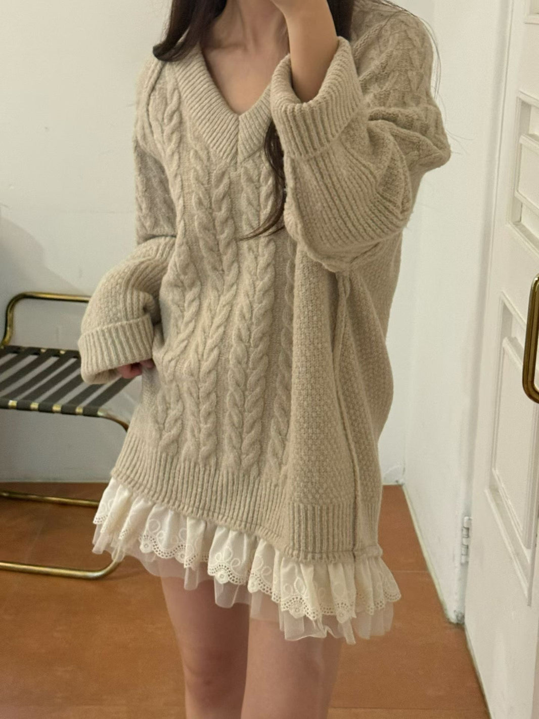 Korean Cable Knit Sweater Dress with Lace Hem