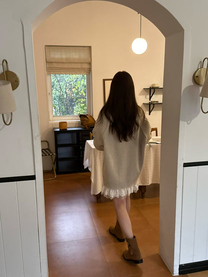 Korean Cable Knit Sweater Dress with Lace Hem