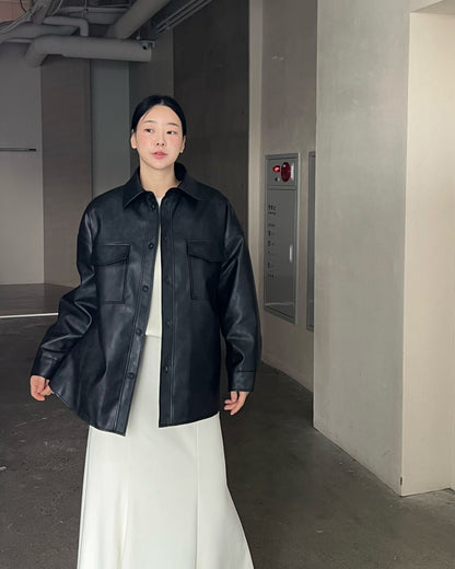 Minimal Leather Overshirt Jacket – Black