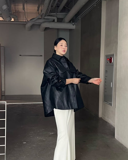 Minimal Leather Overshirt Jacket – Black