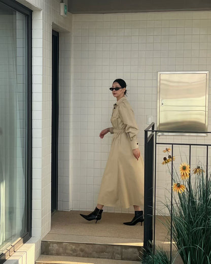 Elegante Beige Button-Down Midi Jurk met Tailleceintuur