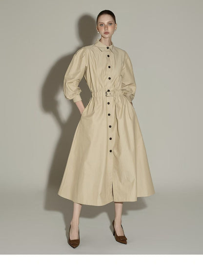 Elegante Beige Button-Down Midi Jurk met Tailleceintuur