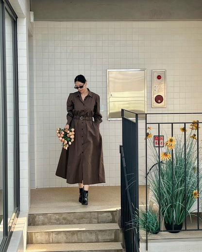 Elegant Belted Shirt Dress – Cocoa Brown | Midi Jurk
