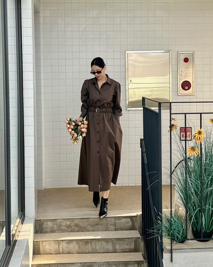 Elegant Belted Shirt Dress – Cocoa Brown | Midi Jurk