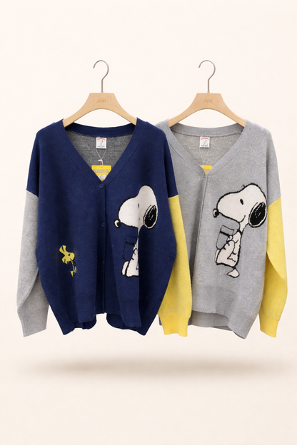 Snoopy Knit Cardigan – Two-Tone V-Neck