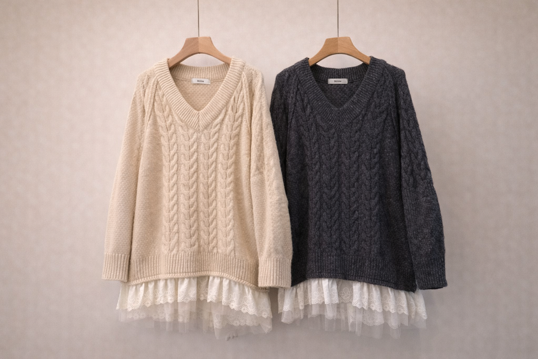 Korean Cable Knit Sweater Dress with Lace Hem