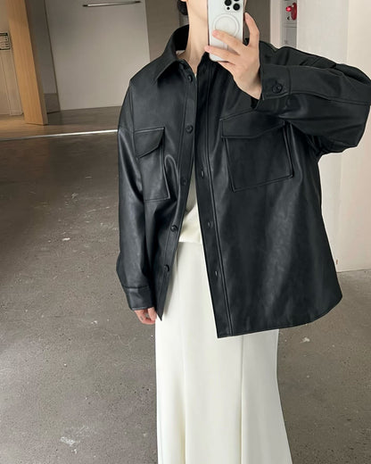 Minimal Leather Overshirt Jacket – Black