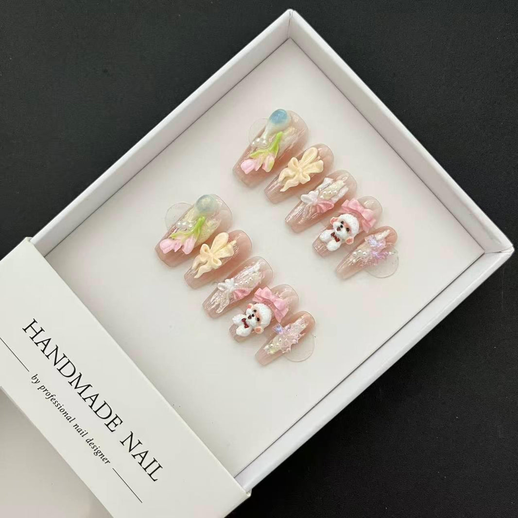 All - in - One Press - On Nail Kit - Princess Teddy Kawaii – 3D Flower & Teddy - Mykstyle