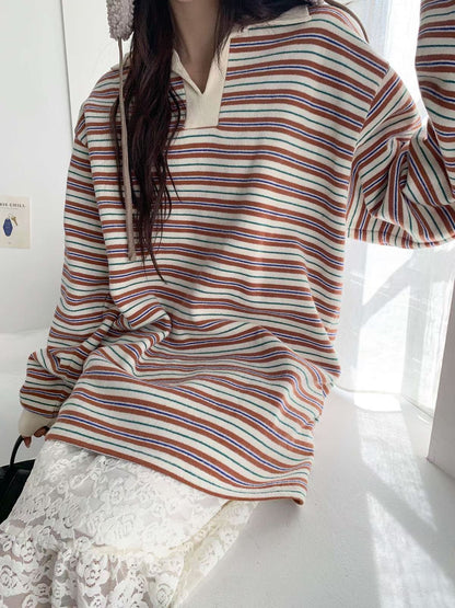 Vintage Stripe Polo Top – Korean Casual Fit