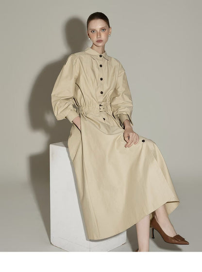 Elegante Beige Button-Down Midi Jurk met Tailleceintuur