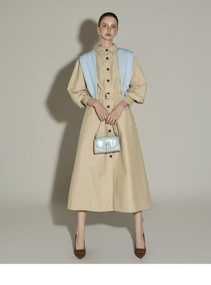 Elegante Beige Button-Down Midi Jurk met Tailleceintuur