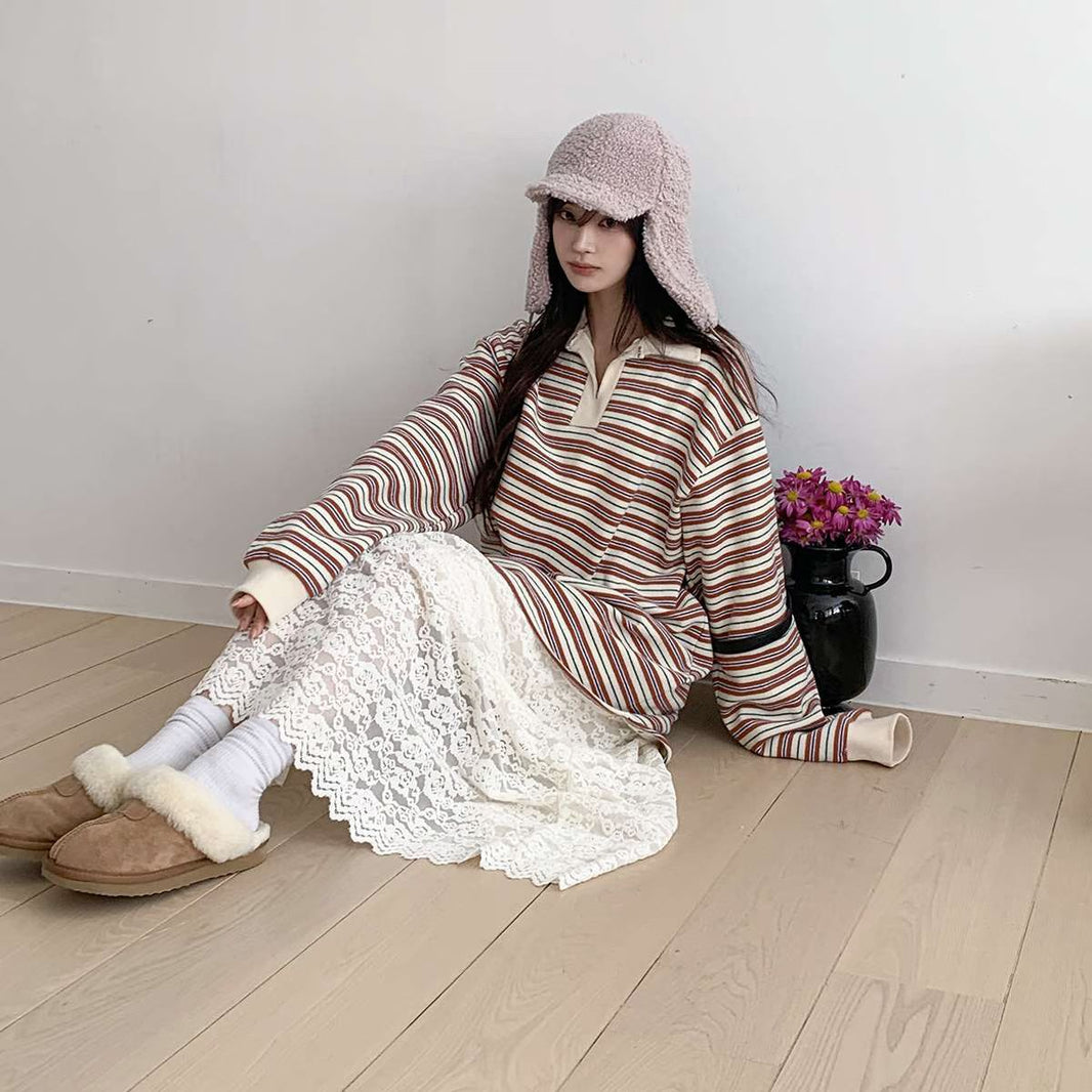Vintage Stripe Polo Top – Korean Casual Fit