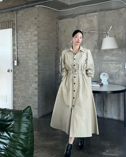 Elegante Beige Button-Down Midi Jurk met Tailleceintuur - Mykstyle