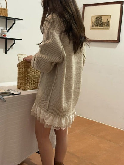 Korean Cable Knit Sweater Dress with Lace Hem