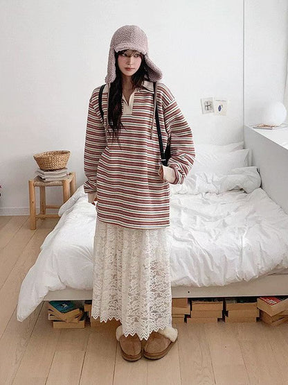 Vintage Stripe Polo Top – Korean Casual Fit