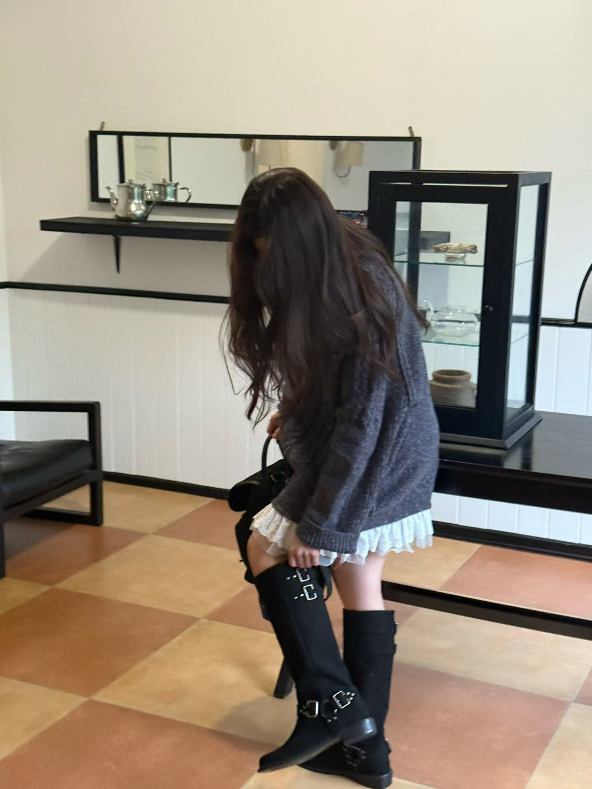 Korean Cable Knit Sweater Dress with Lace Hem - Mykstyle