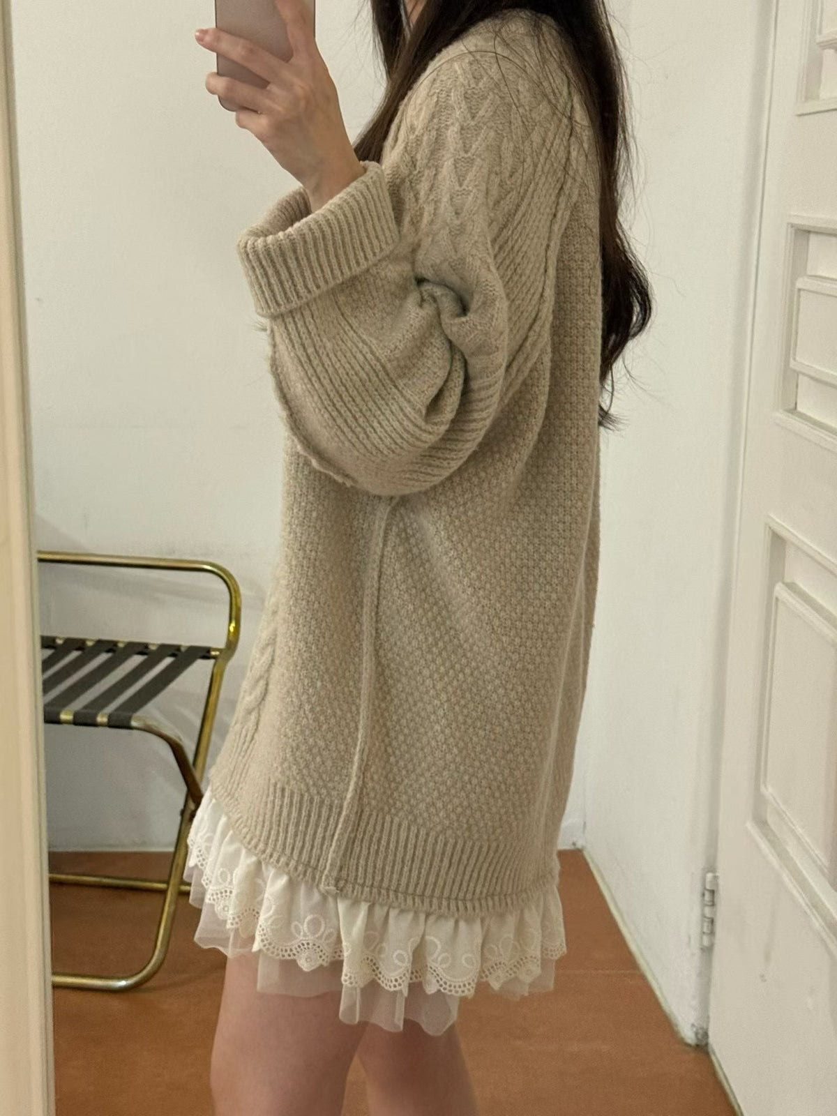 Korean Cable Knit Sweater Dress with Lace Hem - Mykstyle