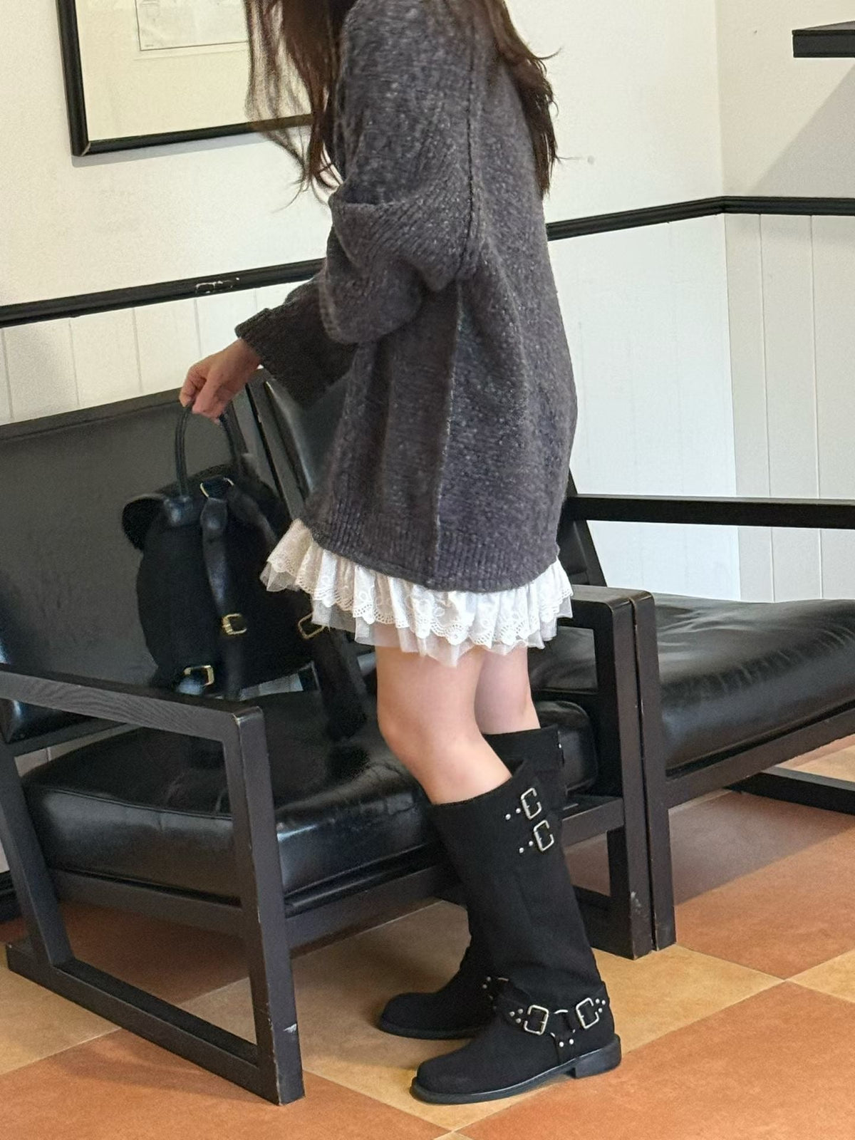 Korean Cable Knit Sweater Dress with Lace Hem - Mykstyle
