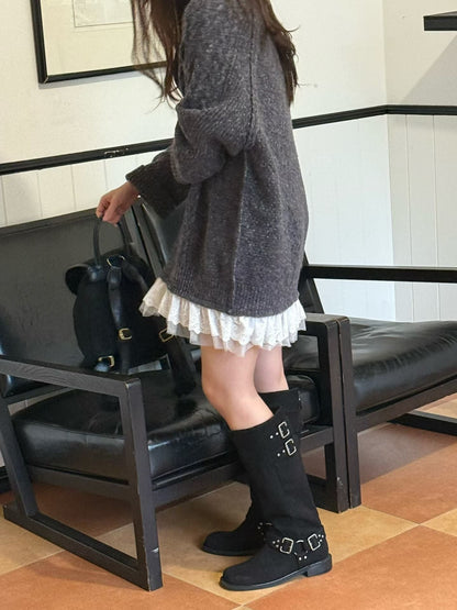 Korean Cable Knit Sweater Dress with Lace Hem - Mykstyle
