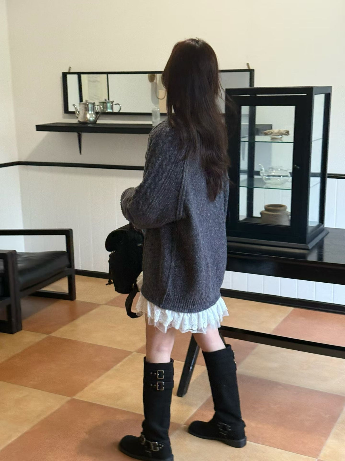 Korean Cable Knit Sweater Dress with Lace Hem - Mykstyle