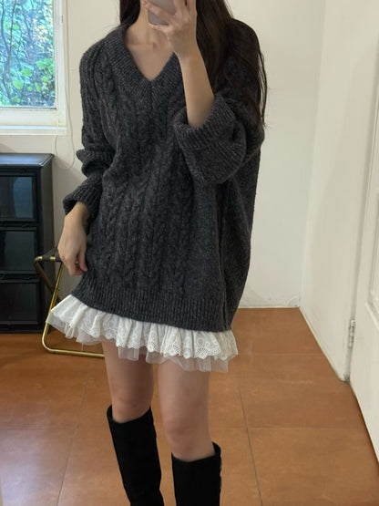 Korean Cable Knit Sweater Dress with Lace Hem - Mykstyle